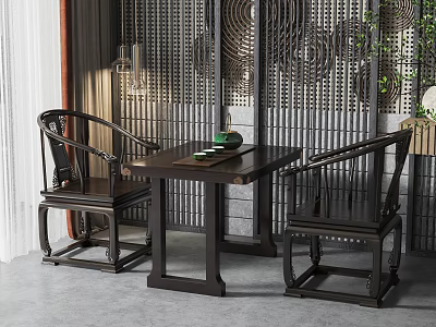 Traditional Chinese Solid Wood Tea Table and Chairs With Tea Set Interior Design 3d model