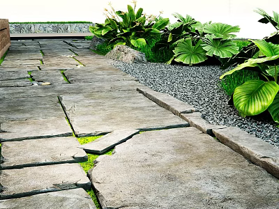 Outdoor Stone Path With Lush Green Plants And Gravel Borders 3d model