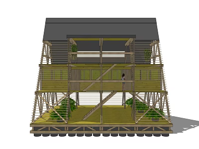 Multi Storey Wooden Building Featuring Black Roof Balconies And Green Plant Decorations 3d model