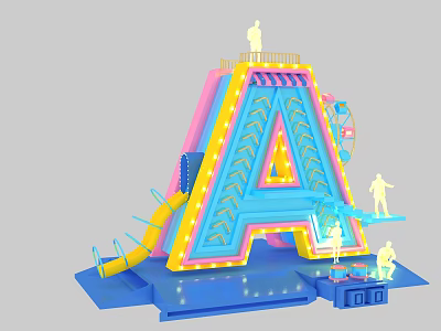 Giant Letter A Shaped Amusement Structure With Colorful Slides And Illuminated Lights 3d model