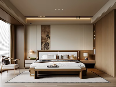 Modern Chinese Bedroom Interior With Wooden Bed Nightstands Table Lamps And Wall Painting 3d model