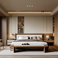 Modern Chinese Bedroom Interior With Wooden Bed Nightstands Table Lamps And Wall Painting
