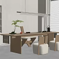 Modern Wooden Tea Table and Chairs with Tea Set and Green Plant in Minimalist Room
