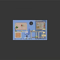 Indoor Workspace With Blue Walls Wooden Desk Green Lamp Blue Chair Shelves Books Clock And Map