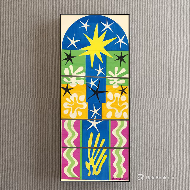 Colorful Decorative Wall Art With Star Flower Wave Patterns And Blue Yellow Pink Sections 3d model 