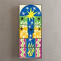 Colorful Decorative Wall Art With Star Flower Wave Patterns And Blue Yellow Pink Sections