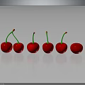 Six Fresh Red Cherries With Green Stems On Dark Reflective Surface