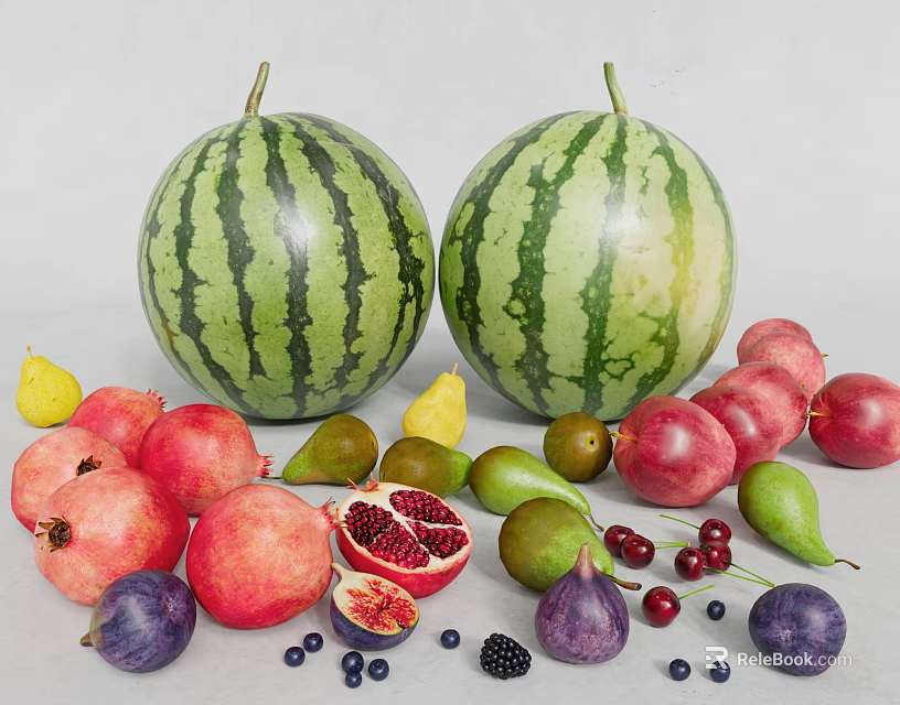 Fresh Assorted Fruits Including Watermelons Pomegranates Pears Plums Blueberries And Blackberries 3d model 
