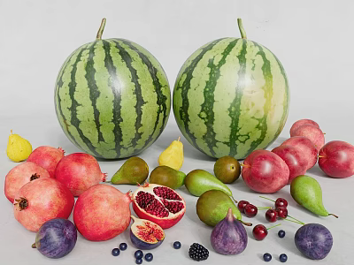 Fresh Assorted Fruits Including Watermelons Pomegranates Pears Plums Blueberries And Blackberries 3d model