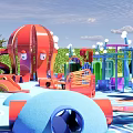 Colorful Children's Play Area With Slides Mushroom Decorations Wave Structures Green Lawn And Transparent Roof