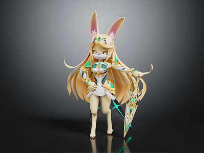 Game Movie Character With Rabbit Ears Long Golden Hair White Outfit Green Decor Star Shield 3d model