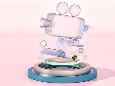 Transparent Movie Projector With Reels And Film Strips On Blue Base Platform 3d model