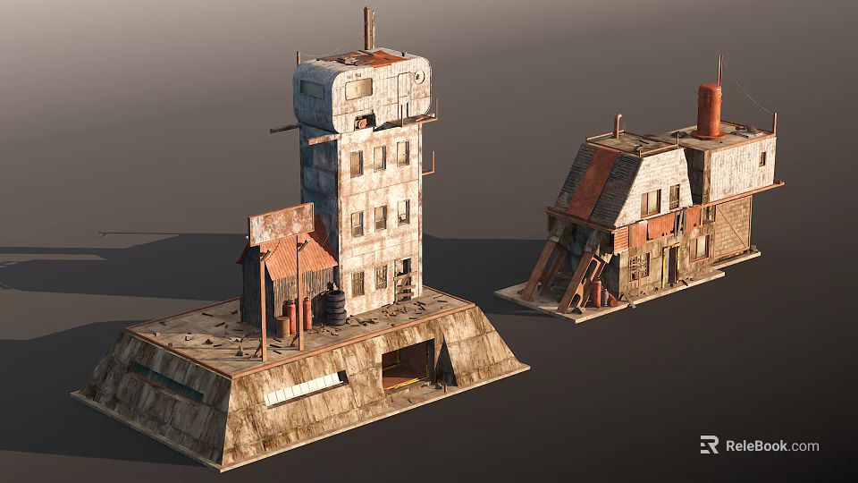 Old Industrial Building Components Featuring Tower Chimney Damaged Roof And Structures 3d model 