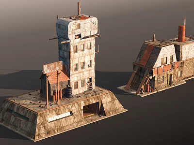Old Industrial Building Components Featuring Tower Chimney Damaged Roof And Structures 3d model