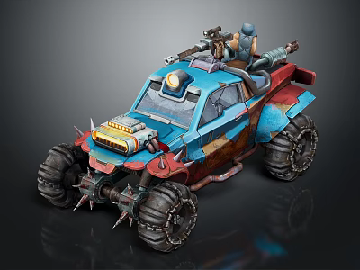 Rugged Military Off Road Vehicle With Blue Red Body Large Tires And Mounted Weapons 3d model