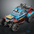 Rugged Military Off Road Vehicle With Blue Red Body Large Tires And Mounted Weapons