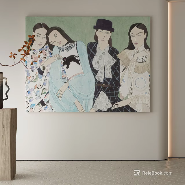 Modern Abstract Painting With Four Elegant Female Figures In Artistic Colorful Attire 3d model 