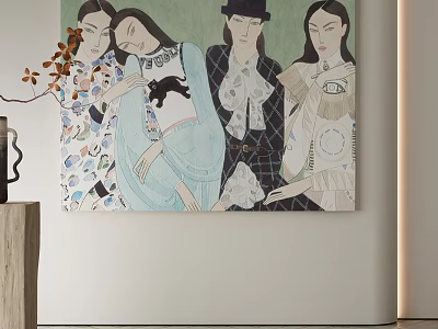 Modern Abstract Painting With Four Elegant Female Figures In Artistic Colorful Attire 3d model