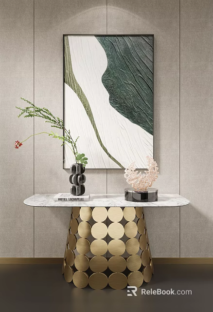 Elegant Modern Console Table With Marble Top Gold Circular Base And Decorative Wall Art 3d model