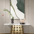Elegant Modern Console Table With Marble Top Gold Circular Base And Decorative Wall Art 3d model