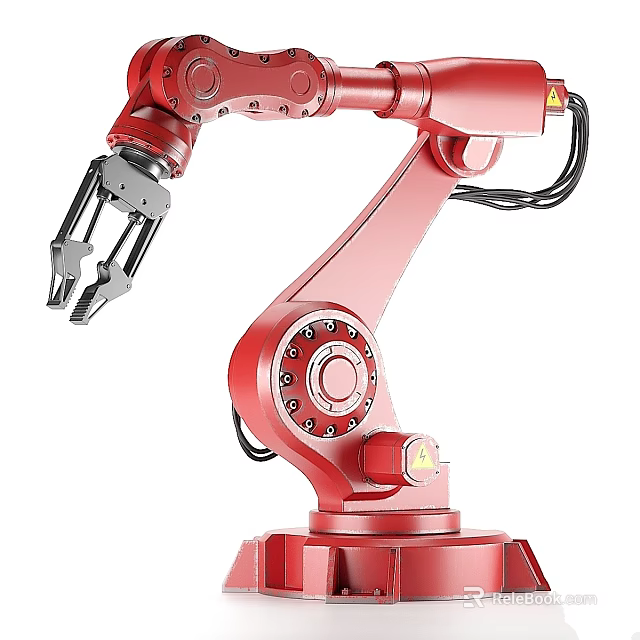 Red Industrial Robotic Arm With Mechanical Gripper And Control Panel 3d model