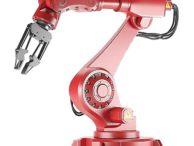 Red Industrial Robotic Arm With Mechanical Gripper And Control Panel 3d model