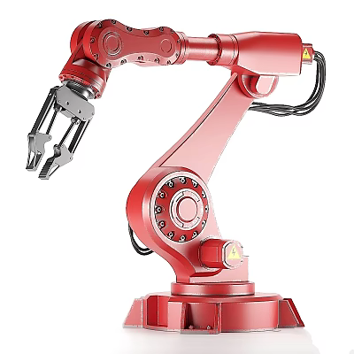 Red Industrial Robotic Arm With Mechanical Gripper And Control Panel 3d model