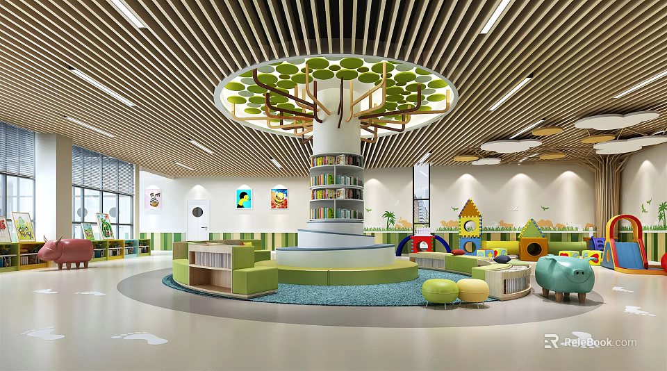 Bright Kindergarten Indoor Play Area With Tree Shaped Bookshelf And Colorful Seats 3d model 