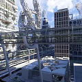 Cartoon Scenario Of Futuristic City With Tall Glass Buildings Flying Vehicles And Sky Bridges 3d model