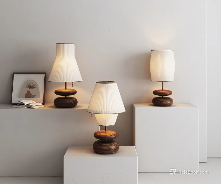 Three Modern Minimalist Table Lamps With Wooden Bases And White Lampshades On White Display Stands 3d model 