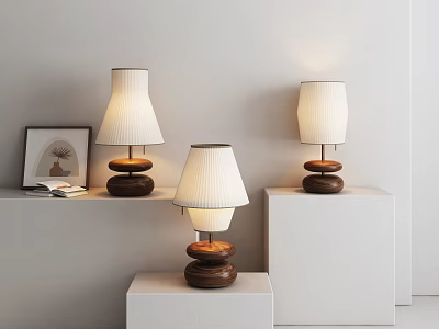 Three Modern Minimalist Table Lamps With Wooden Bases And White Lampshades On White Display Stands 3d model