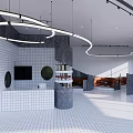 Modern Café Interior With White Tiled Walls Hanging Circular Lights Curved Partitions Brown Leather Booths