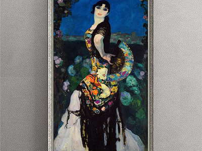 Vibrant Portrait Painting of Woman in Colorful Dress Holding Fan with Floral Background 3d model