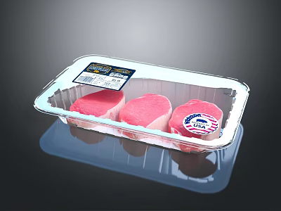 Fresh Pig Meat in Transparent Plastic Tray with Three Pieces and Label 3d model