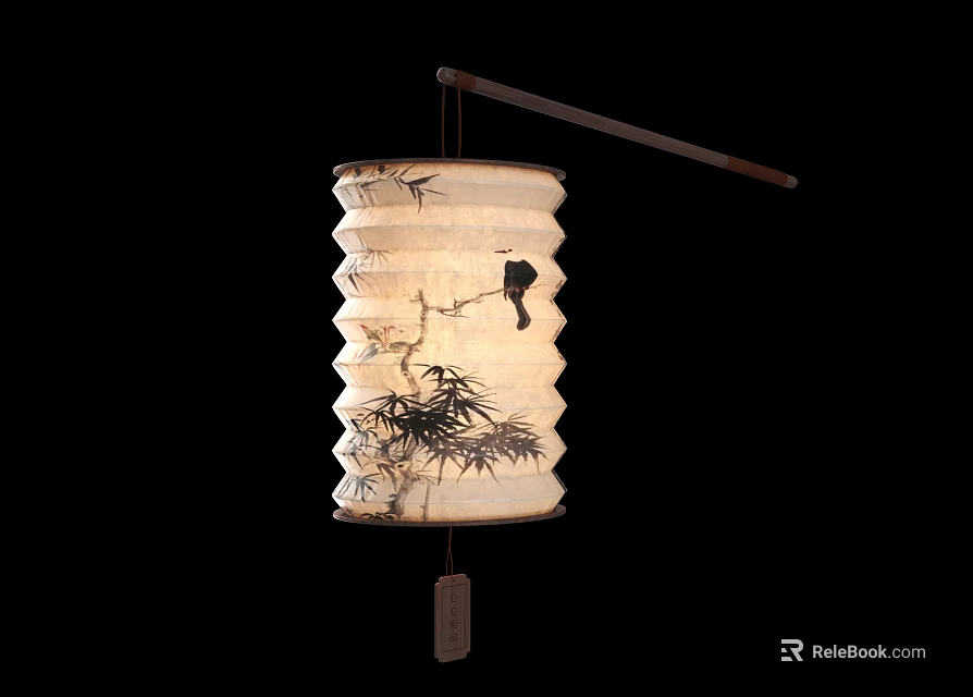 Traditional Chinese Paper Lantern With Pleated Design Bamboo Bird Pattern Hanging From Wooden Pole 3d model 