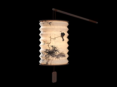Traditional Chinese Paper Lantern With Pleated Design Bamboo Bird Pattern Hanging From Wooden Pole 3d model