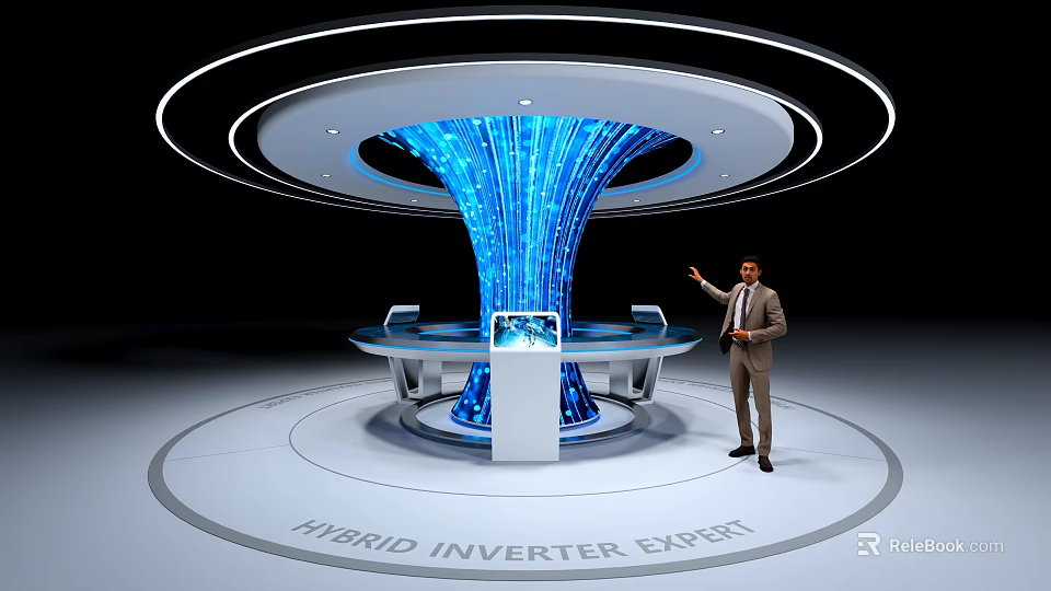 Technology Exhibition Hall Featuring Hybrid Inverter Expert With Digital Data Flow Display And Circular Design 3d model 