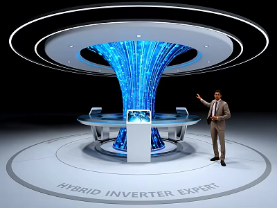 Technology Exhibition Hall Featuring Hybrid Inverter Expert With Digital Data Flow Display And Circular Design 3d model
