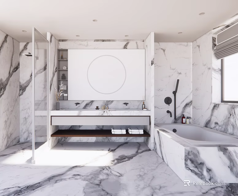 Modern Marble Bathroom Interior Design With Double Vanity Round Mirror And Bathtub Shower Area 3d model 