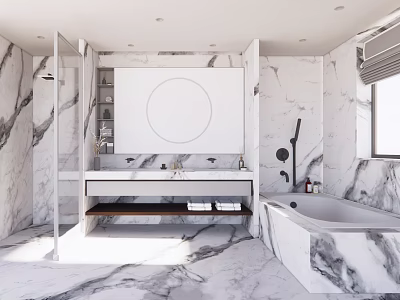 Modern Marble Bathroom Interior Design With Double Vanity Round Mirror And Bathtub Shower Area 3d model