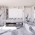 Modern Marble Bathroom Interior Design With Double Vanity Round Mirror And Bathtub Shower Area