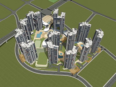 Modern High Rise Residential Complex With Central Green Space And Road Layout 3d model