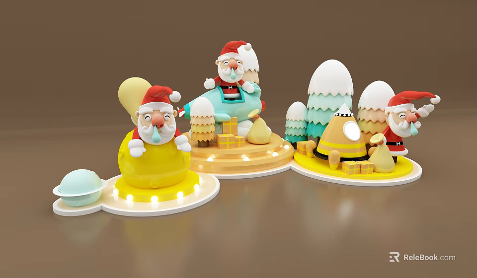 Christmas Themed Cartoon Santa Claus Figurines With Sitting Standing Poses And Yellow Blue Decorations 3d model 