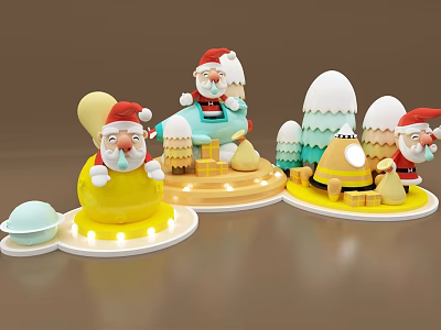Christmas Themed Cartoon Santa Claus Figurines With Sitting Standing Poses And Yellow Blue Decorations 3d model