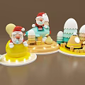 Christmas Themed Cartoon Santa Claus Figurines With Sitting Standing Poses And Yellow Blue Decorations
