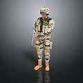 Military Soldier In Camouflage Uniform Holding Rifle Against Gray Background