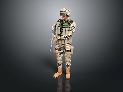 Military Soldier In Camouflage Uniform Holding Rifle Against Gray Background 3d model