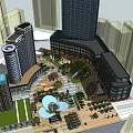 Modern Urban Public Square With White Canopy Structures Pedestrian Walkways And Greenery 3d model
