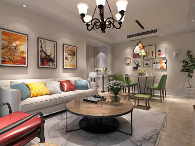 Modern Living and Dining Room Interior With Sofa Coffee Table Chandelier And Green Chairs 3d model
