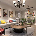 Modern Living and Dining Room Interior With Sofa Coffee Table Chandelier And Green Chairs